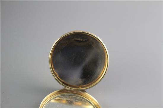 A George V engine turned 9ct gold circular compact, London, 1928, 38mm, gross 21.8 grams.
